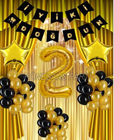 Gold Renk Yıldız Folyo Banner  Balon Seti 2 Yaş