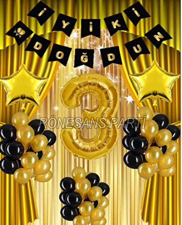 Gold Renk Yıldız Folyo Banner  Balon Seti 3 Yaş