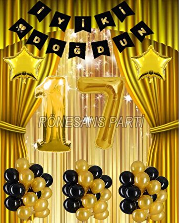 Gold Renk Yıldız Folyo Banner  Balon Seti 17 Yaş