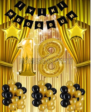 Gold Renk Yıldız Folyo Banner  Balon Seti 18 Yaş