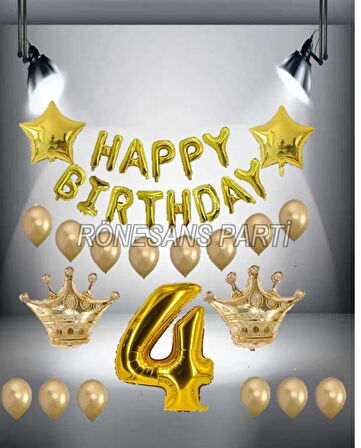 Gold Renk Kral taç Happy Bırthday Folyo Balon Seti 4 Yaş