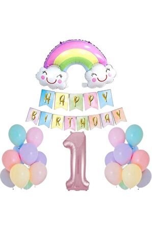 1 Yaş Gülen Gökkuşağı Pembe Rakam Folyo Balon Set