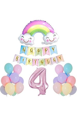 4 Yaş Gülen Gökkuşağı Pembe Rakam Folyo Balon Set
