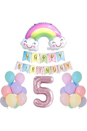 5 Yaş Gülen Gökkuşağı Pembe Rakam Folyo Balon Set