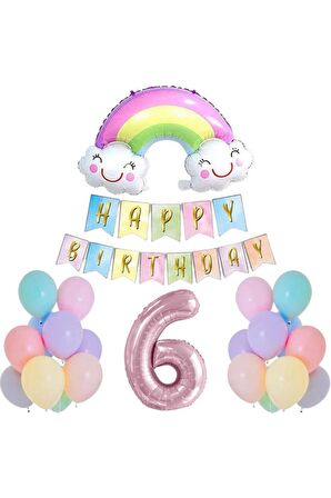6 Yaş Gülen Gökkuşağı Pembe Rakam Folyo Balon Set