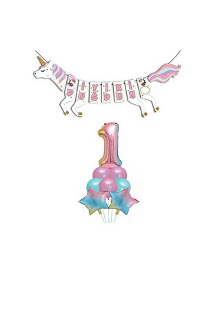 Unicorn Doğum Günü Seti Rakam Folyo Gökkuşağı 1 Yaş