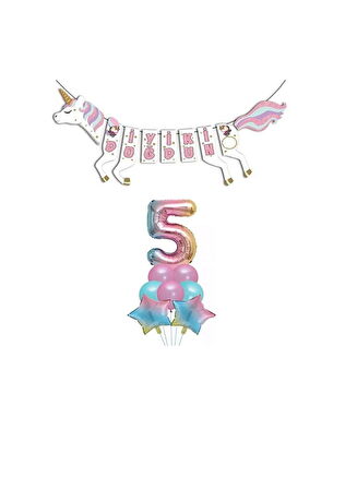 Unicorn Doğum Günü Seti Rakam Folyo Gökkuşağı 5 Yaş
