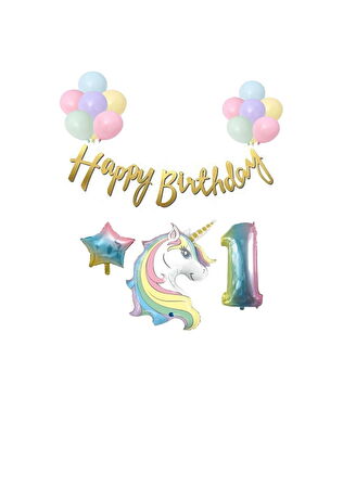 Unicorn Balonlu Kaligrafi Happy Bırthday 1 Yaş Balon Set