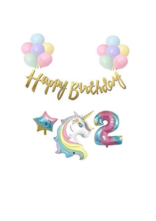Unicorn Balonlu Kaligrafi Happy Bırthday 2 Yaş Balon Set