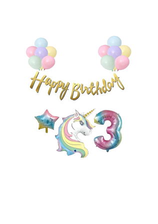 Unicorn Balonlu Kaligrafi Happy Bırthday 3 Yaş Balon Set