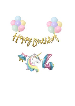 Unicorn Balonlu Kaligrafi Happy Bırthday 4 Yaş Balon Set