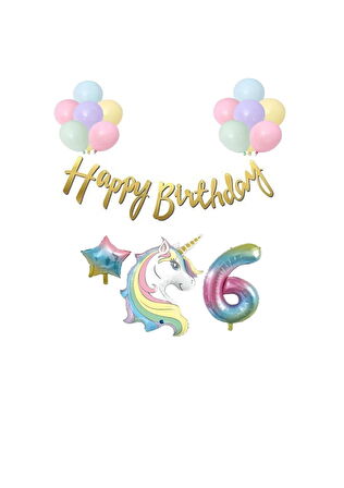 Unicorn Balonlu Kaligrafi Happy Bırthday 6 Yaş Balon Set