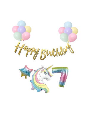 Unicorn Balonlu Kaligrafi Happy Bırthday 7 Yaş Balon Set