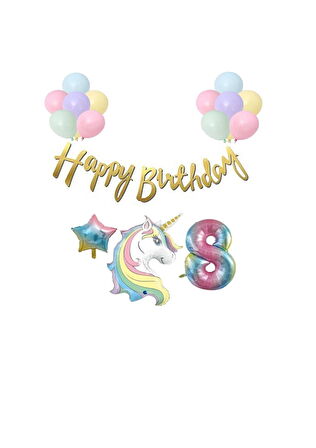 Unicorn Balonlu Kaligrafi Happy Bırthday 8 Yaş Balon Set