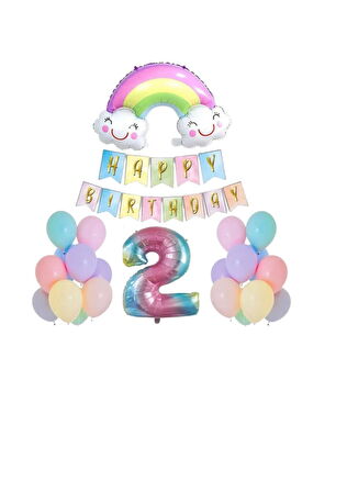 2 Yaş Gülen Gökkuşağı Rakam Folyo Balon Set