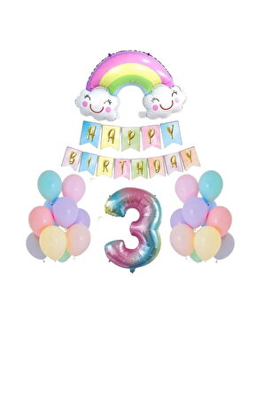3 Yaş Gülen Gökkuşağı Rakam Folyo Balon Set