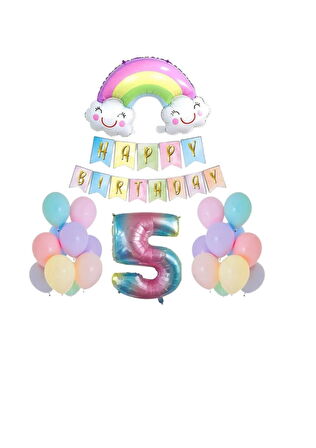 5 Yaş Gülen Gökkuşağı Rakam Folyo Balon Set