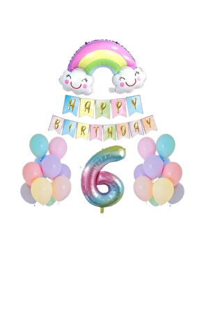 6 Yaş Gülen Gökkuşağı Rakam Folyo Balon Set