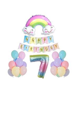 7 Yaş Gülen Gökkuşağı Rakam Folyo Balon Set
