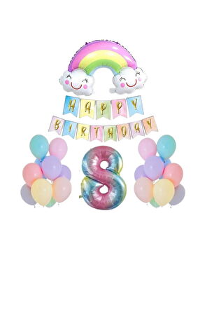 8 Yaş Gülen Gökkuşağı Rakam Folyo Balon Set