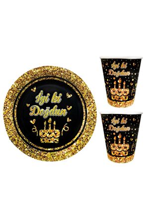 Siyah-Gold İyi ki Doğdun 8 li Tabak + Bardak set
