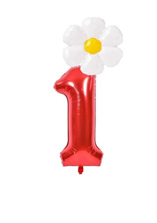 Kırmızı Rakam ve Beyaz Papatya Folyo Balon  Seti Yaş 1