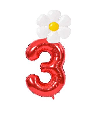 Kırmızı Rakam ve Beyaz Papatya Folyo Balon  Seti Yaş 3