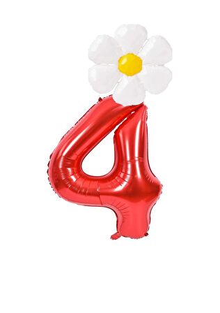 Kırmızı Rakam ve Beyaz Papatya Folyo Balon  Seti Yaş 4