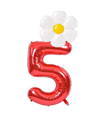 Kırmızı Rakam ve Beyaz Papatya Folyo Balon  Seti Yaş 5