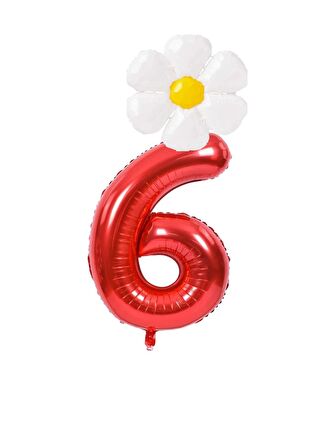 Kırmızı Rakam ve Beyaz Papatya Folyo Balon  Seti Yaş 6