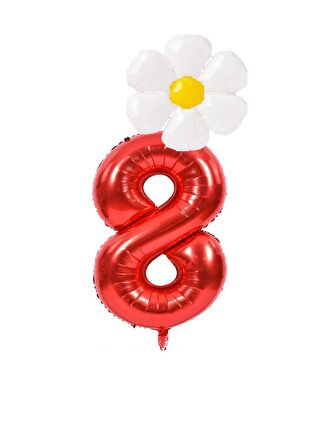 Kırmızı Rakam ve Beyaz Papatya Folyo Balon  Seti Yaş 8