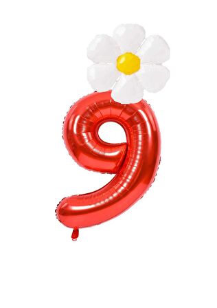 Kırmızı Rakam ve Beyaz Papatya Folyo Balon  Seti Yaş 9