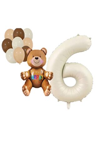 Bej Rakam Ayı Folyo ve Latex Balon Seti Yaş 6