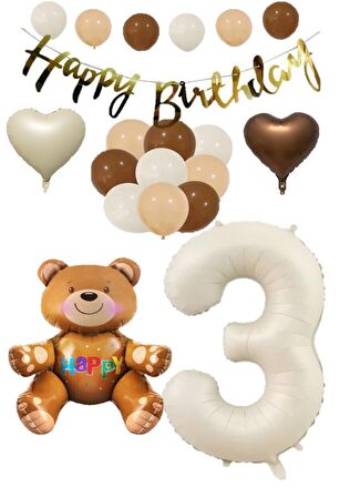 Happy Bırthday Banner Oturan Ayı, Bej Rakam, Kalp Folyo ve Latex Balon Seti Yaş 3