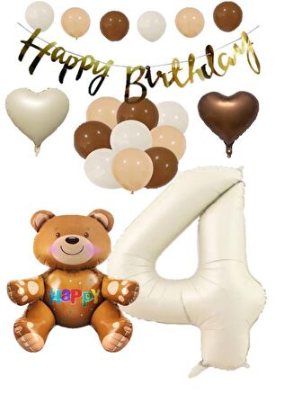 Happy Bırthday Banner Oturan Ayı, Bej Rakam, Kalp Folyo ve Latex Balon Seti Yaş 4