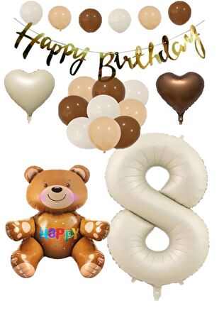 Happy Bırthday Banner Oturan Ayı, Bej Rakam, Kalp Folyo ve Latex Balon Seti Yaş 8
