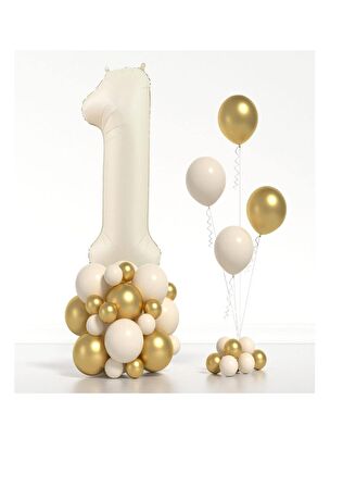 Bej Rengi Rakam Folyo ve Krom Pastel Balon Seti Yaş 1