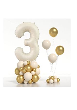 Bej Rengi Rakam Folyo ve Krom Pastel Balon Seti Yaş 3