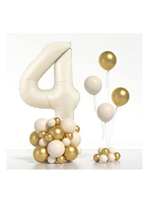 Bej Rengi Rakam Folyo ve Krom Pastel Balon Seti Yaş 4