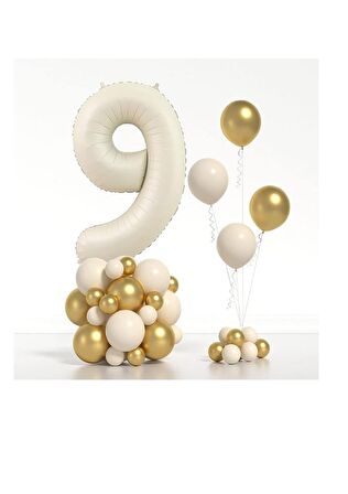Bej Rengi Rakam Folyo ve Krom Pastel Balon Seti Yaş 9