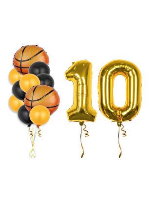 Gold Renk Rakam Basketbol Topu Folyo ve Latex Balon Seti Yaş 10