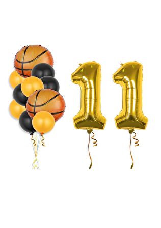 Gold Renk Rakam Basketbol Topu Folyo ve Latex Balon Seti Yaş 11