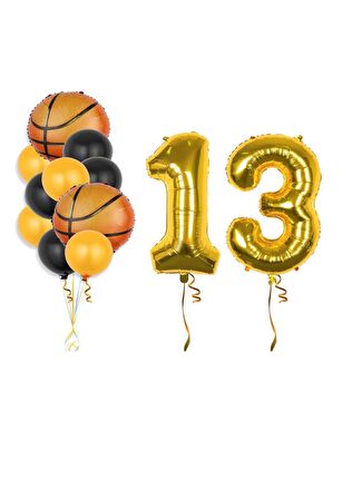 Gold Renk Rakam Basketbol Topu Folyo ve Latex Balon Seti Yaş 13