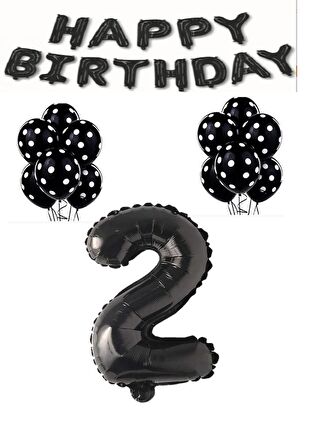 Happy Bırthday,Siyah Rakam Folyo Balon ve Siyah Beyaz Puanlı Balon Seti Yaş 2