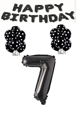 Happy Bırthday,Siyah Rakam Folyo Balon ve Siyah Beyaz Puanlı Balon Seti Yaş 7
