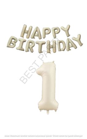 Bej Rengi Happy Bırthday ve Rakam Folyo Balon Seti Yaş 1