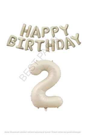 Bej Rengi Happy Bırthday ve Rakam Folyo Balon Seti Yaş 2