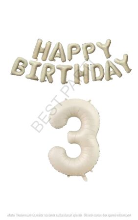 Bej Rengi Happy Bırthday ve Rakam Folyo Balon Seti Yaş 3