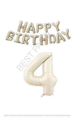 Bej Rengi Happy Bırthday ve Rakam Folyo Balon Seti Yaş 4