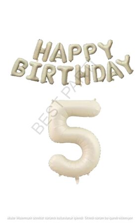 Bej Rengi Happy Bırthday ve Rakam Folyo Balon Seti Yaş 5